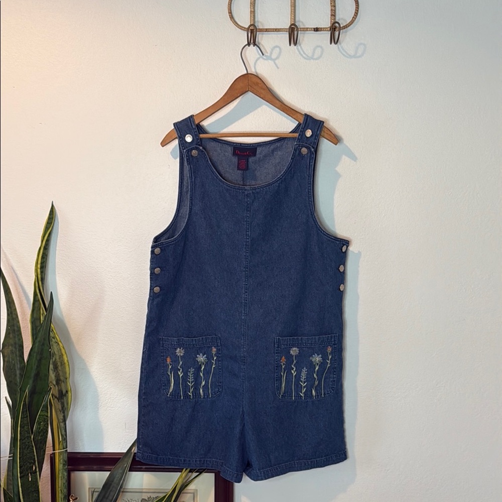 Denim Romper with Floral Embroidery Size L